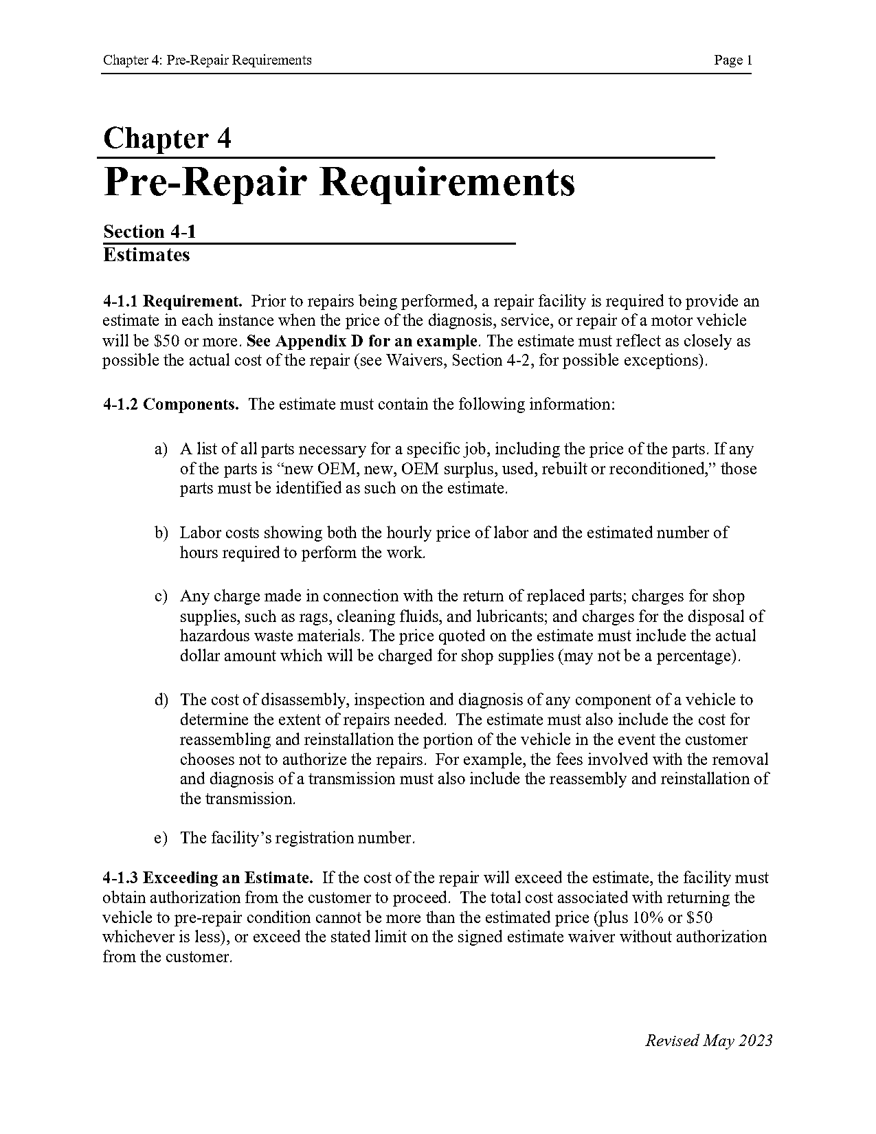 michigan requirement for vehicle repair work